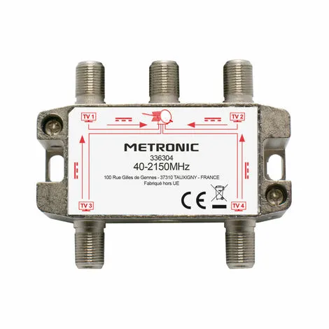 METRONIC Répartiteur TV/SAT 4 Sorties à Fiche F Blindé Métal - Gris 1 METRONIC Répartiteur TV/SAT 4 Sorties à Fiche F Blindé Métal - Gris